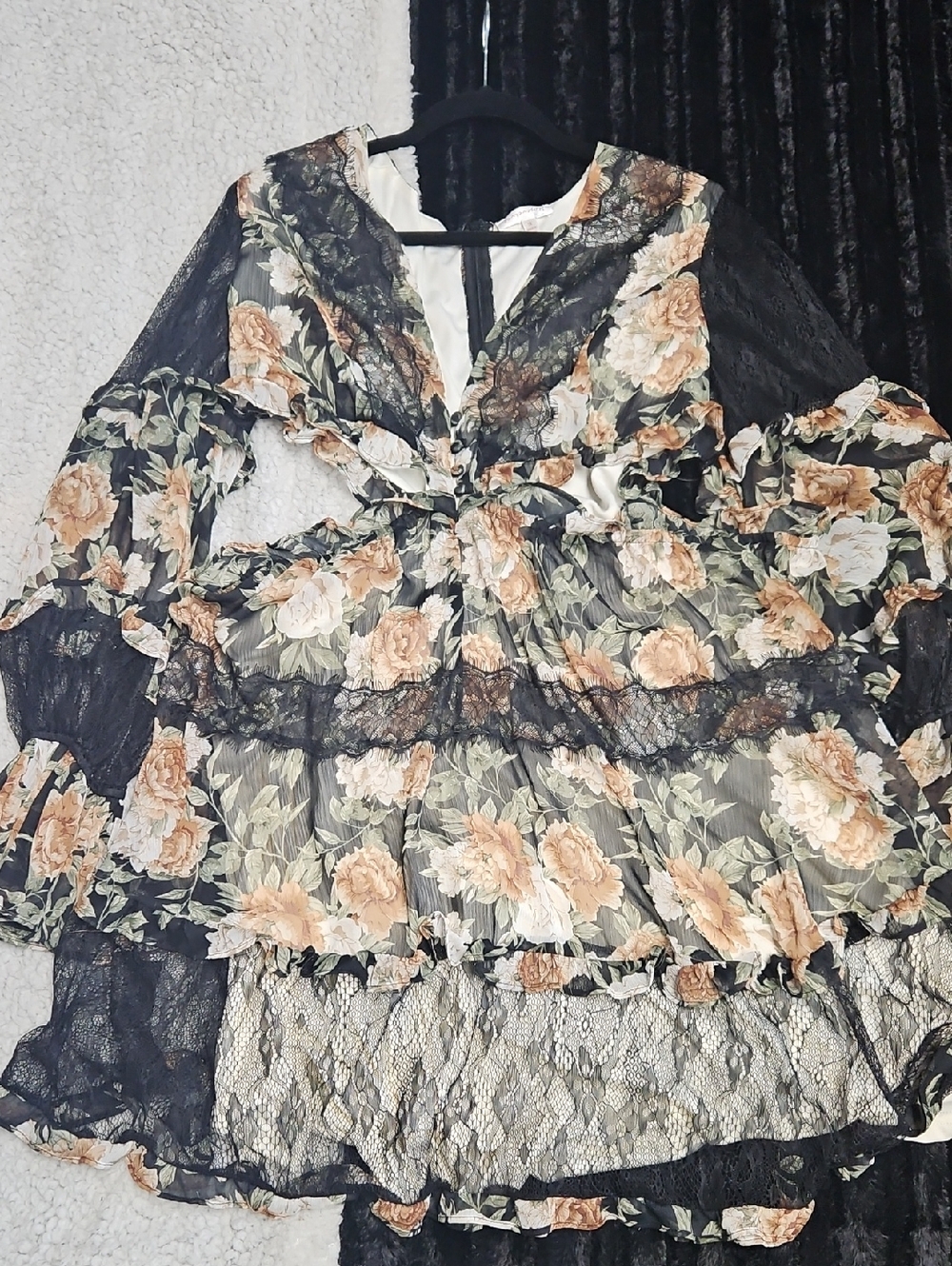 Floral Lace Tiered Maxi Dress - Black with Peach & Cream Roses